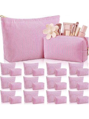 24 Pcs Seersucker Makeup Bags Set - Striped Rose Pink Cosmetic Organizers